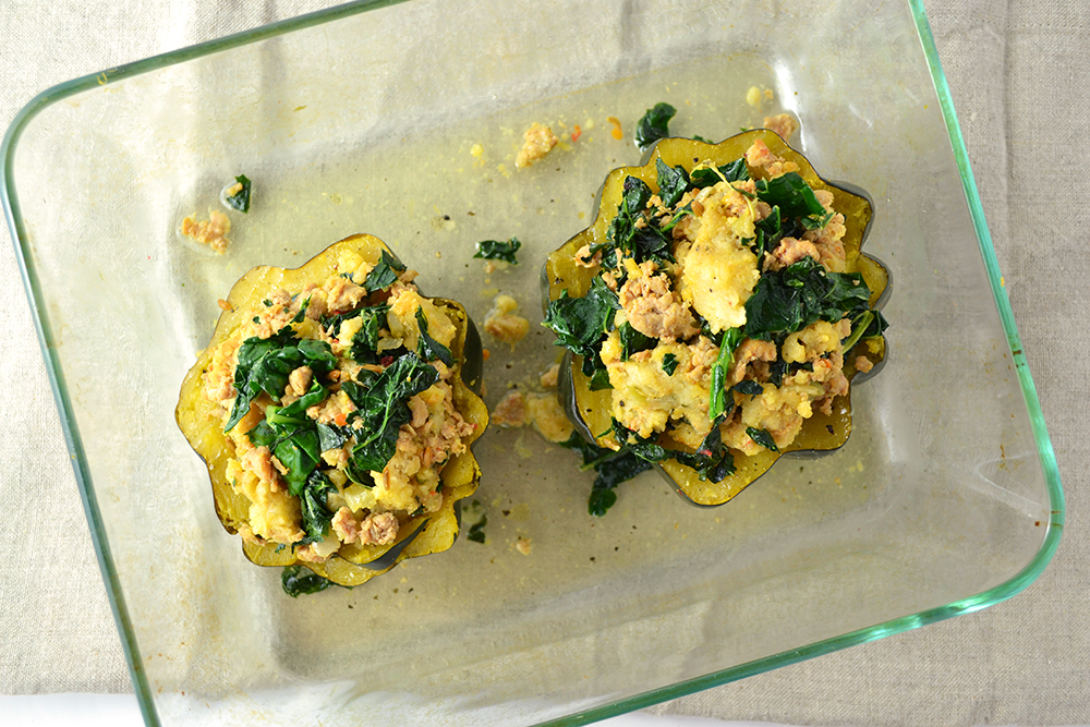 Acorn Squash Stuffed with Leftover Thanksgiving Dressing, Kale, & Sausage - Fridge to Fork