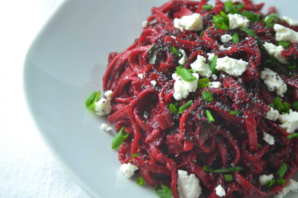 Beet Linguine with Swiss Chard, Goat Cheese, and Poppy Seeds - Fridge to Fork