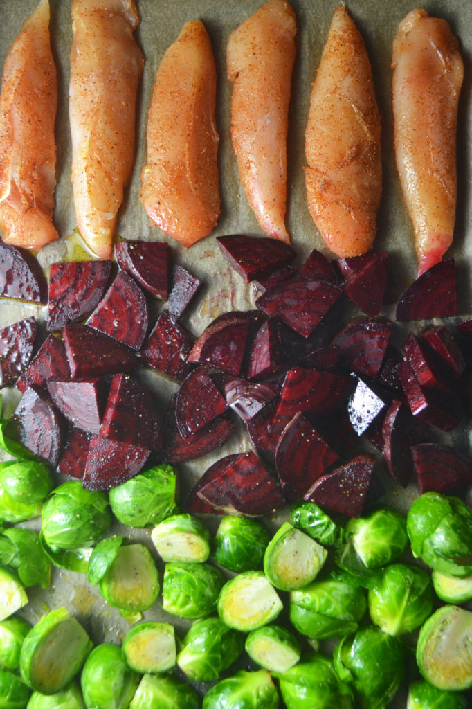 Sheet Pan Chicken Tenders, Brussels, + Beets (Whole30 + Paleo) - Fridge to Fork